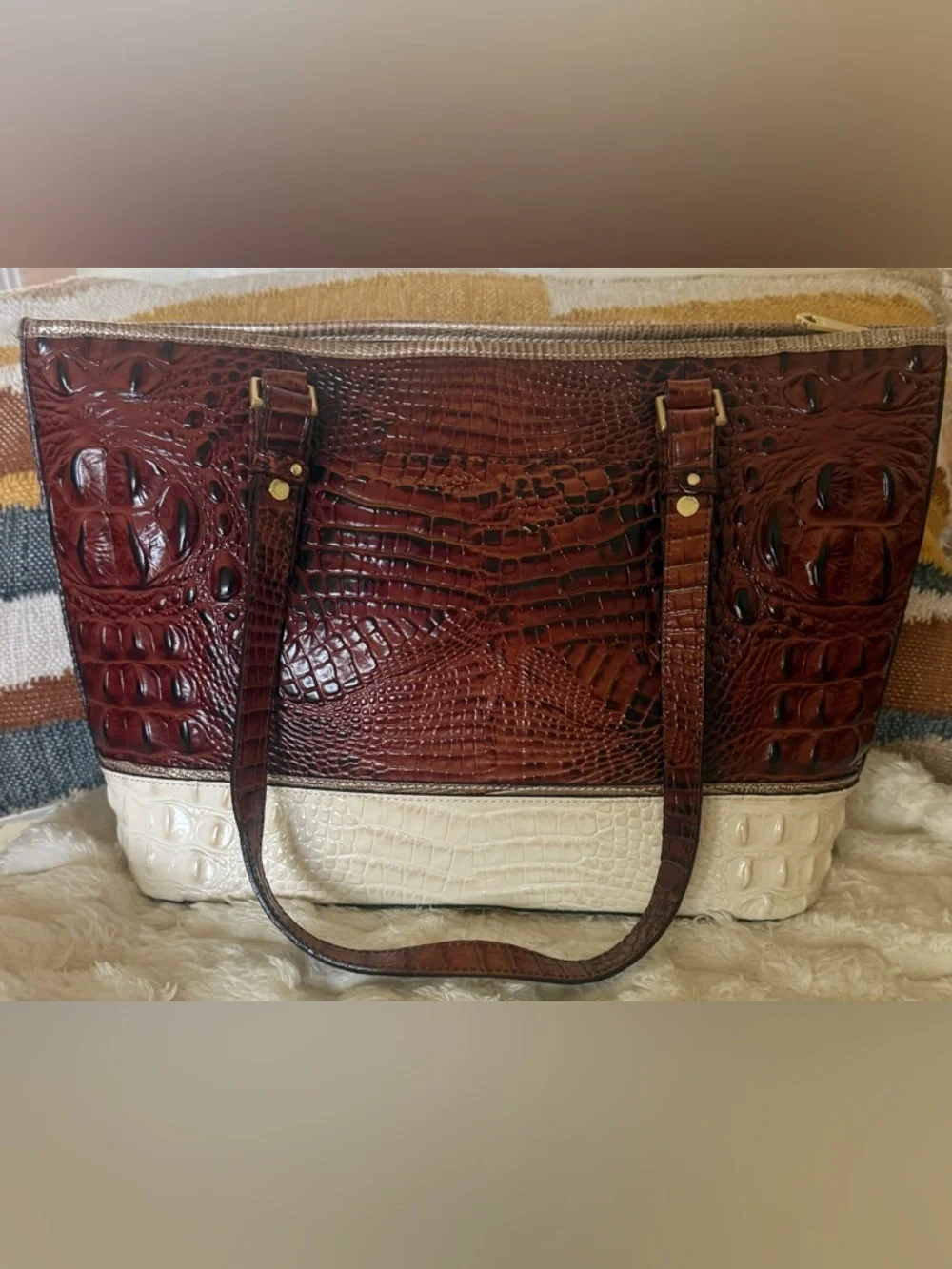 Brahmin Asher Tote Pecan Cream Croc Embossed Leather Bag VGUC - Picture 7 of 16